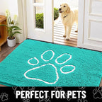 Smiry Dog Door Mat for Muddy Paws, Absorbent Dirt Trapper Non Slip Quick Dry Washable Chenille Mat for Mud Dogs, Entry Rug for Indoor and Outdoor (48x30 Inches, Turquoise and White)
