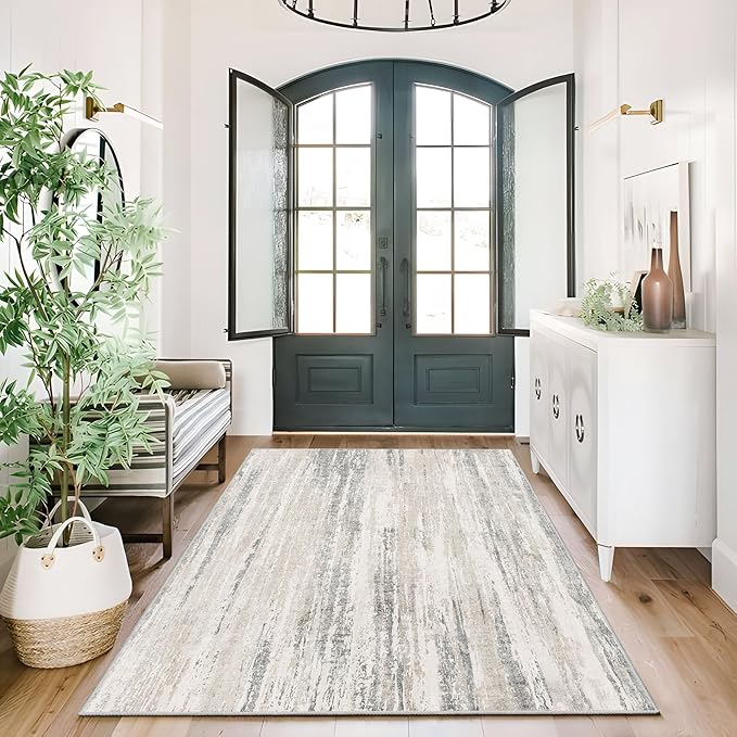 MUJOO 3x5 Rug Washable,Entryway Rug Small Area Rugs for Bedroom Living Room Kitchen Bathroom,Modern Abstract Non Slip Carpet,Indoor Entry Mat,Low Pile Throw Rug Neutral Accent Beige and Grey