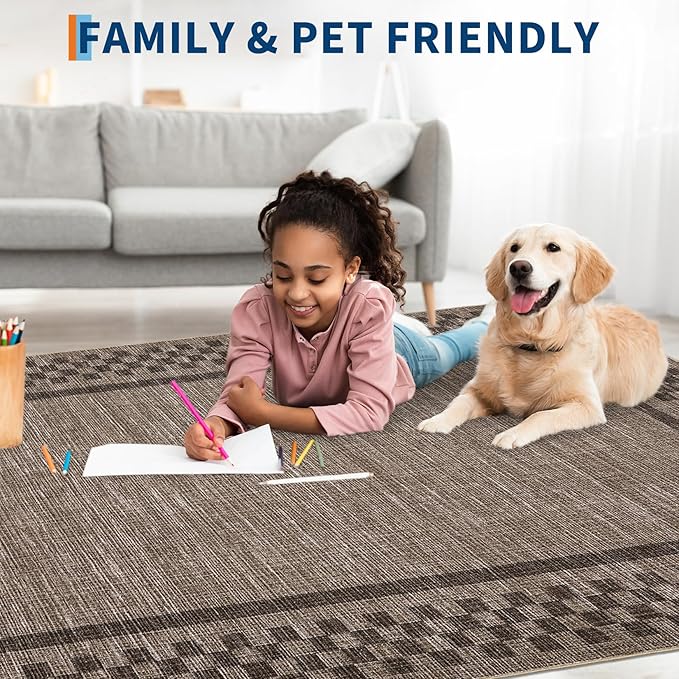 GarveeHome Modern Bordered 9x12 Area Rugs for Living Room Bedroom Soft Washable Large Bedroom Throw Carpet Non Slip Checkered Geometric Rugs for Dining Room Home Decor Office, Brown