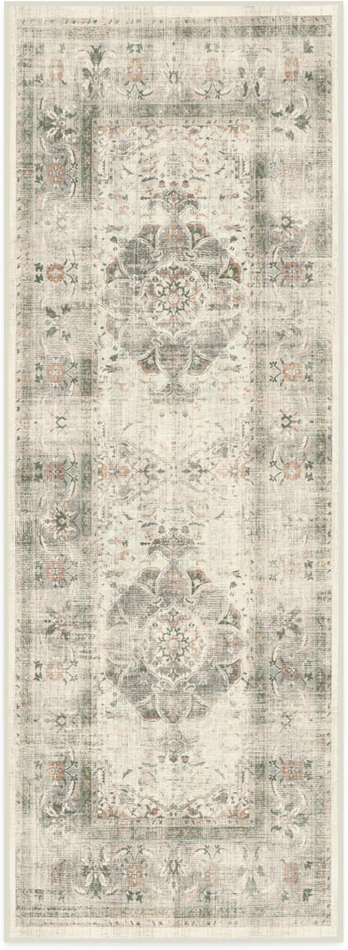 RUGGABLE Washable Vintage Runner Rug – Sarrah Sage 2.5x7, Stain-Resistant, Non-Slip Hallway Runner – Machine Washable Rug for Hallway, Entryway, Living Room & Kitchen – with Standard Pad