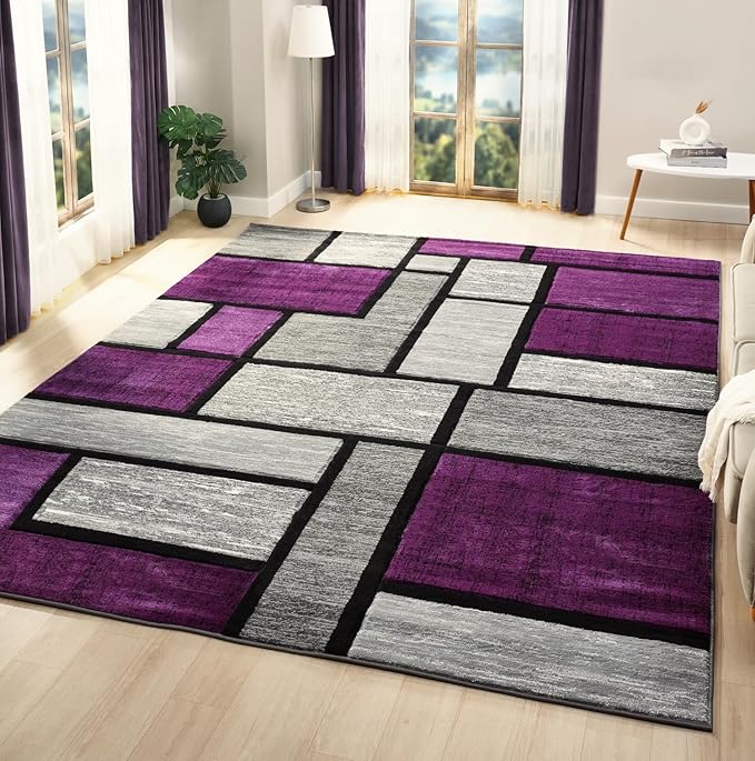 Geometric Area Rug - Decorative Home & Office Rug - Indoor Carpet for Living Room, Bedroom, Family or Dining Room - Non-Fading Polyester Material, Stain-Proof - Made in Turkey - Purple, 8 x 10