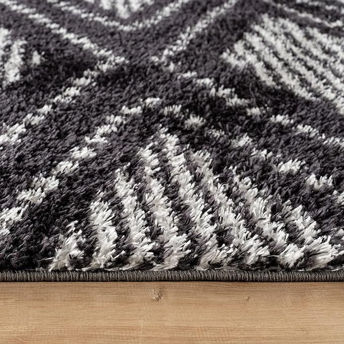 Rugshop Geometric Shag Runner Rug Anthracite Dark Gray and White 2' 3" x 8' Perfect for Hallways, Kitchens, or Behind The Sofa