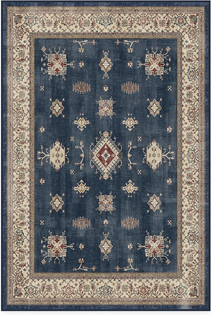 RUGGABLE Washable Vintage Area Rug – Verena Sapphire 4x6, Stain-Resistant, Non-Slip – Medium Machine Washable Rugs for Living Room, Bedroom, Hallway, Entryway & Office–with Cushioned Pad