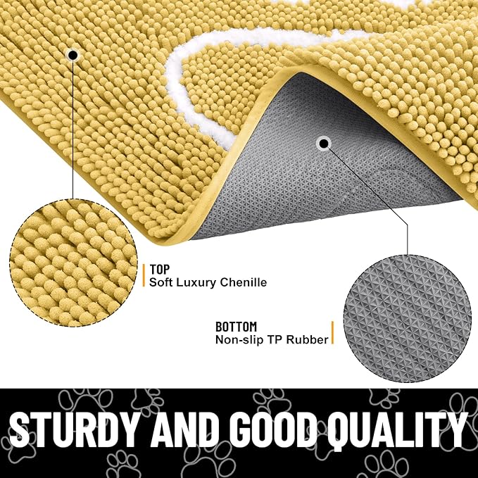 Smiry Dog Door Mat for Muddy Paws, Absorbent Dirt Trapper Non Slip Quick Dry Washable Chenille Mat for Mud Dogs, Entry Rug for Indoor and Outdoor (48x30 Inches, Yellow and White)