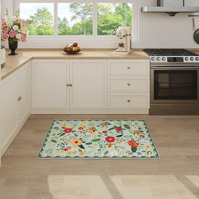 2x3 Washable Rug for Entryway, Floral Green Soft Small Area Rug, Non Slip Doormat Indoor Entrance Carpet, Flower Low Pile Front Door Throw Rug for Bedroom, Kitchen, Laundry, Bathroom, Sage Green