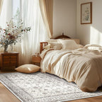 jinchan Floral 5x7 Area Rugs for Bedroom - Machine Washable Vintage Distressed Boho Design Throw Rug Stain Resistant Carpet Low-Pile Thin Non-Slip for Nursery Living Room Dining Room (5‘x7', Beige)