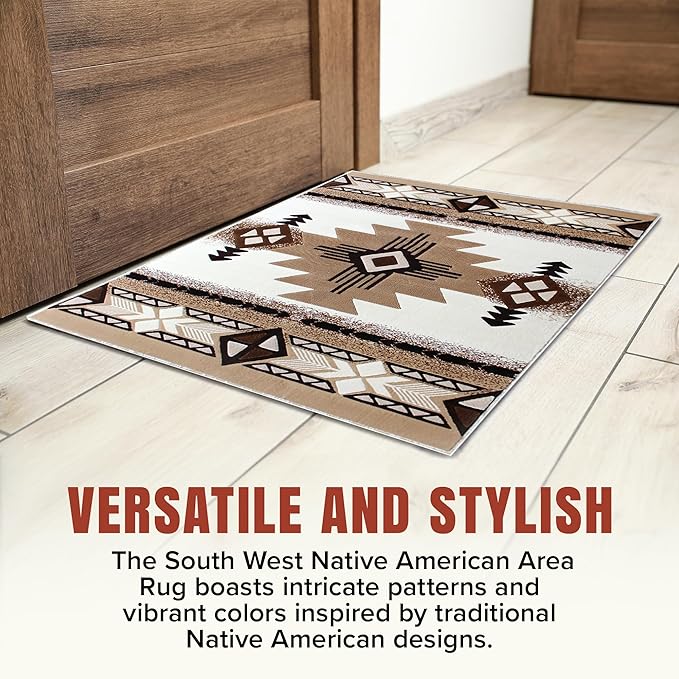 YHSF South West Native American Area Rug C318 - Easy Clean, Thick, Soft, Durable Native Tribal American Indian Inspired Rug for Bedroom/Living Room and More - Ivory, 5 ft 11 in x 8 ft 6 in