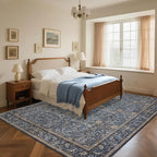 Washable Living Room Rug: 8x10 Boho Floral Soft Area Rug for Bedroom Decor - Vintage Low Pile Thin Carpet for Dining Room Non-Slip - Farmhouse Stain Resistant Rugs - Slate Blue