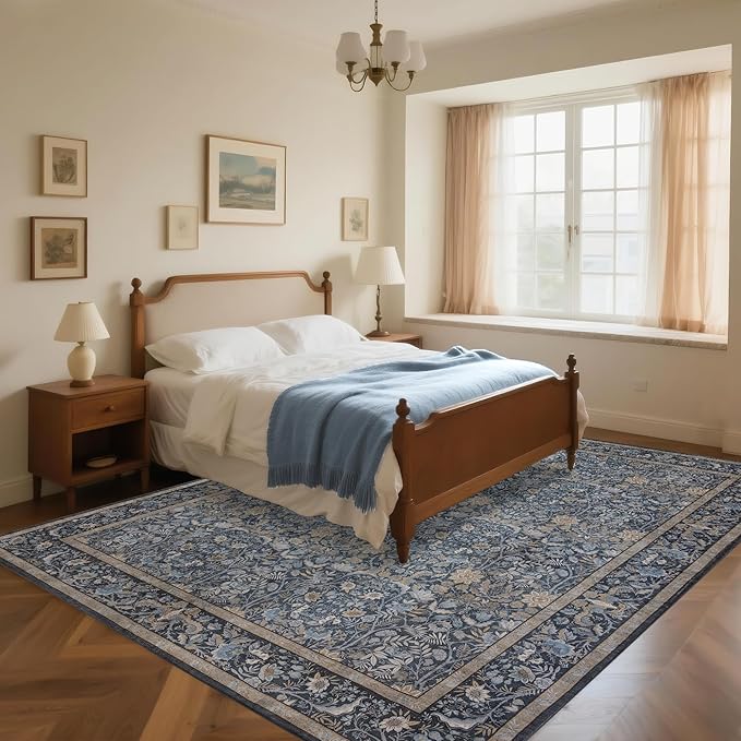 Washable Living Room Rug: 8x10 Boho Floral Soft Area Rug for Bedroom Decor - Vintage Low Pile Thin Carpet for Dining Room Non-Slip - Farmhouse Stain Resistant Rugs - Slate Blue