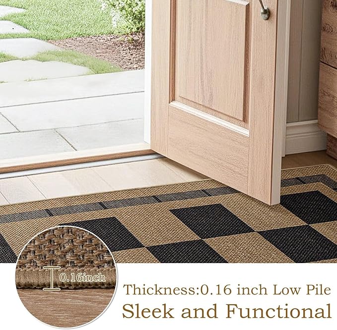 Vasofe Washable Small Entry Rug, 2x3 Checkered Jute Rugs Outdoor Indoor Front Door Mat, Non-Slip Bedroom Entrance Doorway Kitchen Mats, Plaid Farmhouse Porch Carpet, Black and Brown