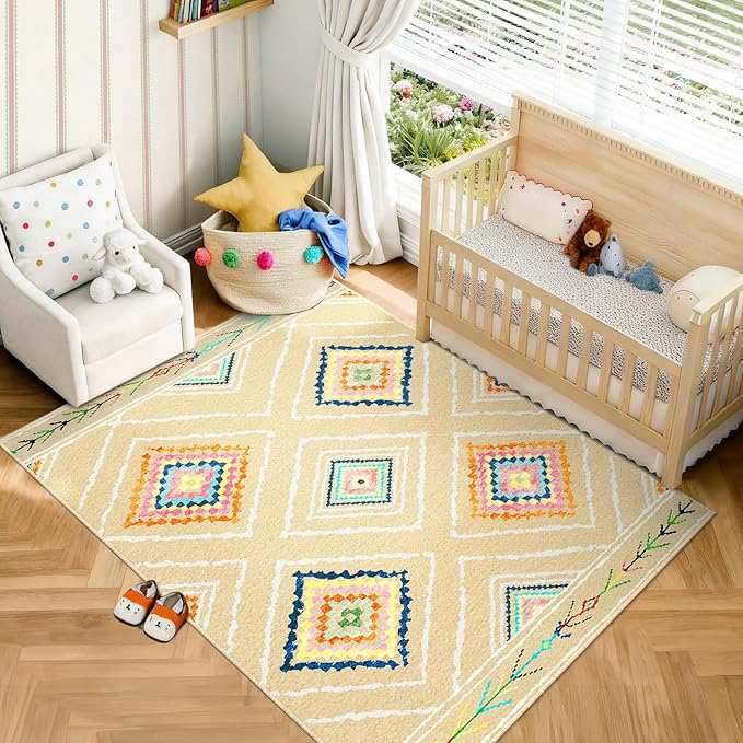 Area Rug 9x12 Rug Machine Washable Non-Slip Low Pile Print Pattern Western Rug for Living Room Bedroom Entryway Tribal Series -Cream/Beige