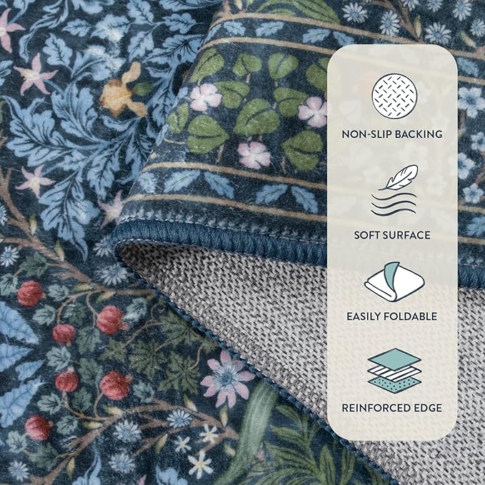 Lahome Floral Washable Rugs 8x10, Soft 8x10 Area Rugs for Living Room Bedroom, Boho Non-Slip Blue Forest Design Large Throw Carpet for Farmhouse Dining Room Office, Blue