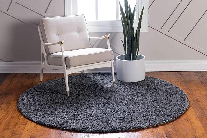 Unique Loom Davos Shag Collection Area Rug - Solid (5' 1" Round, Peppercorn)
