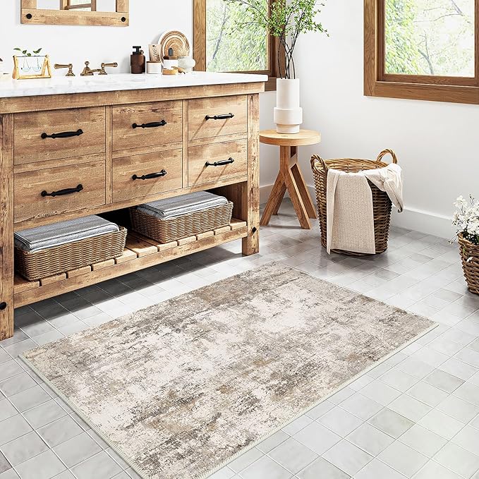 2x3 Washable Area Rug Brown Grey Abstract Entryway Kitchen Throw Rug Neutral Modern Non Slip Soft Low Pile Small Carpet for Bathroom Living Room Bedroom