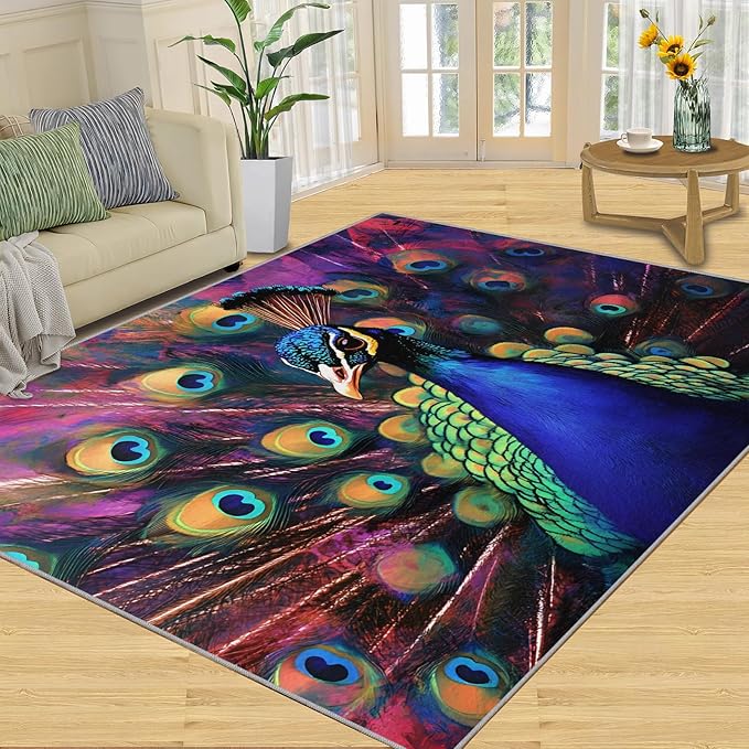Peacock Rugs for Bedroom - 6x8 Area Rug - Watercolor Peacock Rugs for Living Room, Abstract 3D Animal Rug, Non-Slip Washable Home Decor Carpet