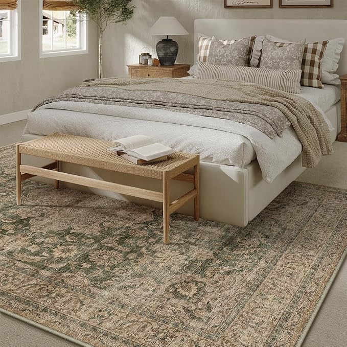 10x12 Vintage Area Rug Green Brown Living Room Bedroom Washable Carpet Non-Slip Soft Low Pile Distressed Indoor Large Throw Rug for Dining Room Office