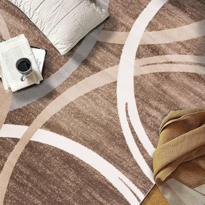 Rugshop Modern Wavy Circles Design Round Rug, Carpet with Jute Backing for Living Room, Dining Room, or Bedroom, Brown, 8' Round