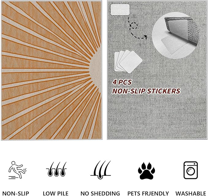 Boho Sun Print Area Rug for Living Room 7x9, Modern Abstract Non-Slip Washable Rugs, Soft Stripe Minimalism Carpet for Bedroom, Nursery, Entryway, Dining Room & Office Decor, Orange White