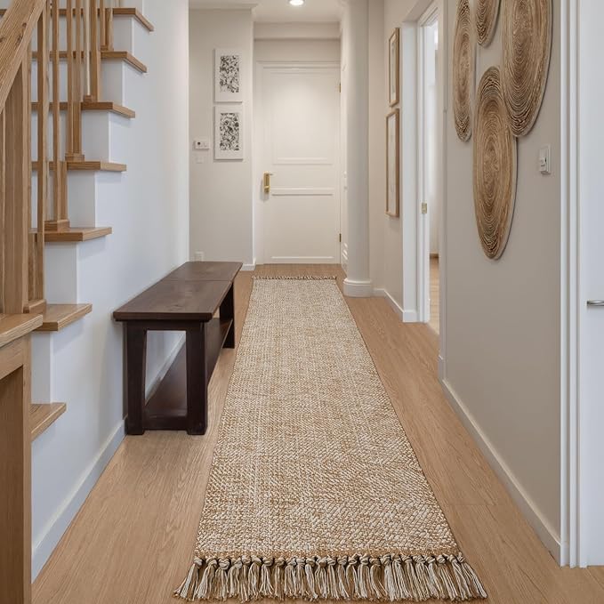 Collive Washable Carpet Runners for Hallway 12ft, Boho Long Rugs for Kitchen Cotton Hand Woven Bedroom Runner Rug Tan/Cream Low Pile Natural Floor Carpet for Indoor Hall Entryway