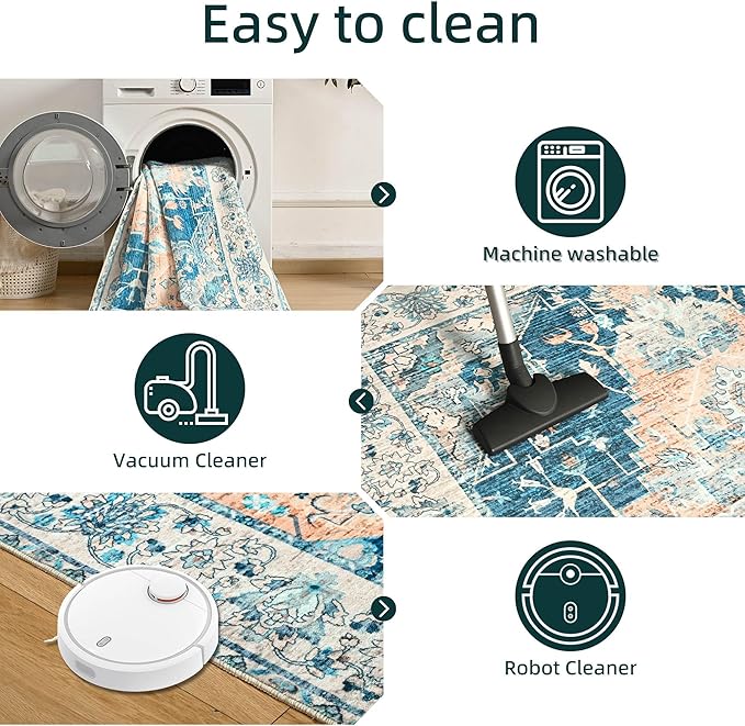 YJ.GWL Area Rugs for Living Room 6x9 Machine Washable Rugs, Non Slip Floral Vintage Rug Indoor Carpet, Stain Resistant Large Rug for Bedroom Dining Room, Dark Blue
