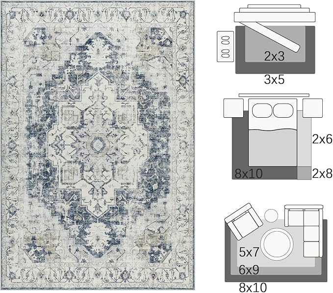 jinchan Kelda Area Rug 8x10 Washable Living Room Rug Vintage Soft Indoor Large Floor Cover Retro Distressed Mat Accent Lightweight Non-Slip Thin Carpet for Kitchen Bathroom Bedroom Grey