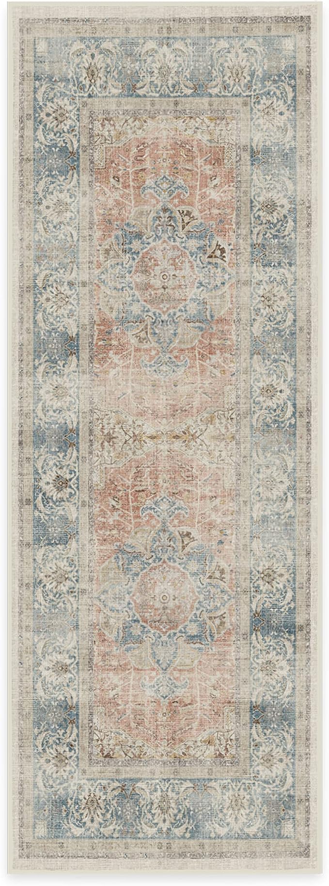 RUGGABLE Washable Vintage Runner Rug – Sarrah Coral 2.5x7, Stain-Resistant, Non-Slip Hallway Runner – Machine Washable Rug for Hallway, Entryway, Living Room & Kitchen–with Cushioned Pad