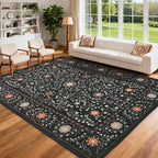 GarveeHome Boho 6x9 Area Rug for Living Room, Floral Vintage Rugs for Bedroom with Soft Low Pile, Non Slip Stain Resistant Botanical Washable Rug 6x9 for Dining Room Black Carpet for Dorm Office