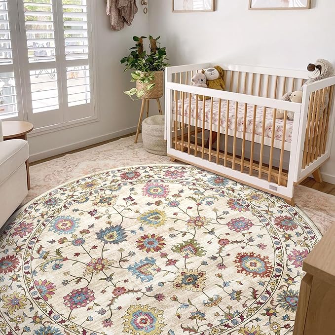 Washable Round Area Rug 8ft - Cream Colorful Traditional Floral Living Room Circle Rug 8x8 Non-Slip Vintage Bohemian Dining Room Carpet Soft Vintage Boho Round Rugs for Bedroom Office Entryway