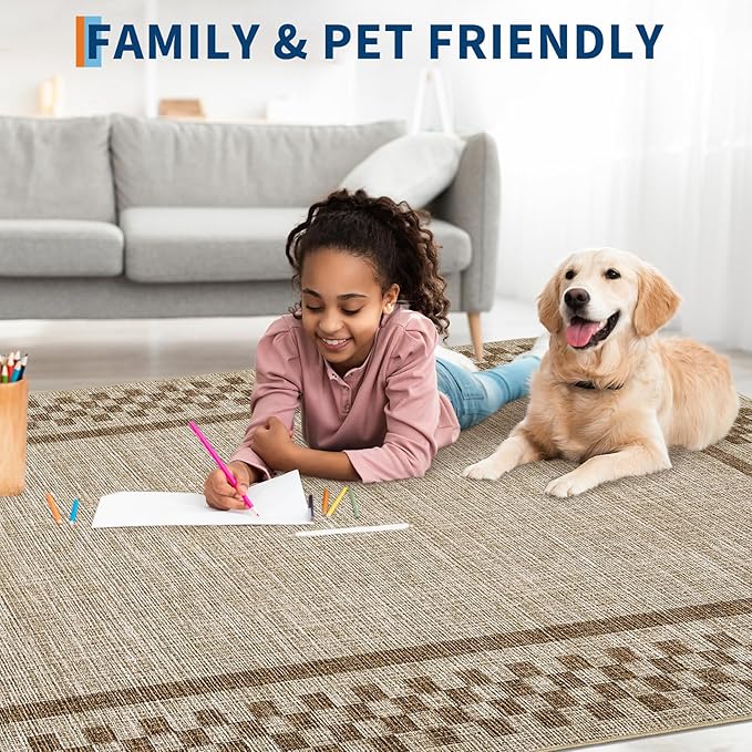 GarveeHome Modern Bordered 8x10 Area Rugs for Living Room Bedroom Soft Washable Large Bedroom Throw Carpet Non Slip Checkered Geometric Rugs for Dining Room Home Decor Office, Taupe