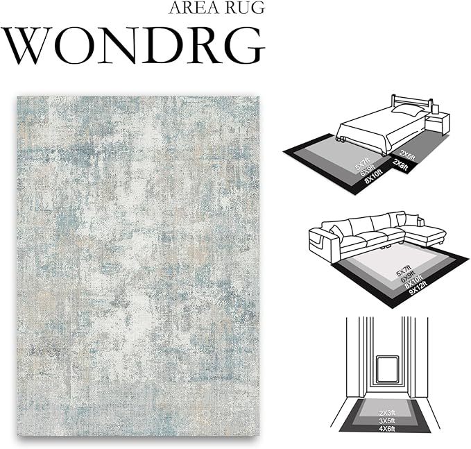 3x10 Washable Runner Rug Blue Cream Abstract Hallway Kitchen Throw Rug Neutral Modern Non Slip Soft Low Pile Lightweight Carpet for Bathroom Laundry Bedroom Living Room