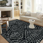 Wonnitar Moroccan 9x12 Area Rug for Living Room, Washable Black Rugs for Bedroom, Large Non-Slip Thin Dining Room Rugs for Under Table, Non-Shedding Soft Boho Floor Carpet Decor (Black,9'x12')