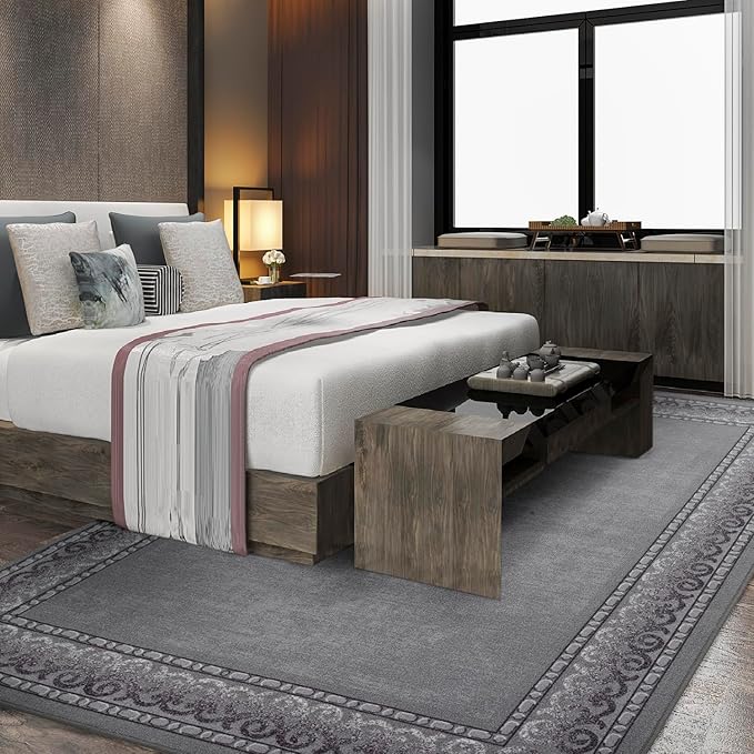 Antep Rugs Alfombras Bordered Modern 3x5 Non-Slip (Non-Skid) Low Pile Rubber Backing Indoor Area Rug (Gray, 3' x 5')