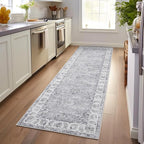 jinchan Fiora Hallway Runner Rug 3x8 Washable Runner - Vintage Floral Non Slip Low-Pile Soft Thin Faux Wool Kitchen Rug Distressed Carpet for Farmhouse Bedroom Laundry Room(3x8ft, Grey)