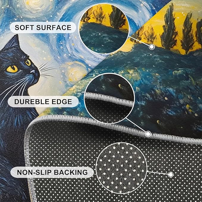 Black Cat Rugs for Bedroom - 6x8 Area Rug - Starry Sky Countryside Rugs for Living Room, Vintage Oil Painting Art Rug, Washable Home Decor Carpet