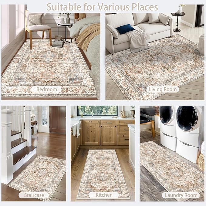Enkor Area Soft Rugs 6x9 Washable Non Slip Boho Floor Rugs for Living Room Bedroom, Vintage Style Farmhouse Mat for Kitchen Entryway Beige & Brown