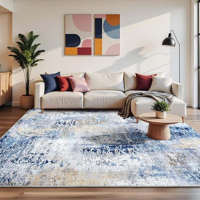 Washable Abstract Rug, 4x6 Modern Area Rugs with Non-Slip Rubber Backed for Living Room, Thin but Soft Contemporary Carpet Kitchen Bedroom Decor, Midnight Blue