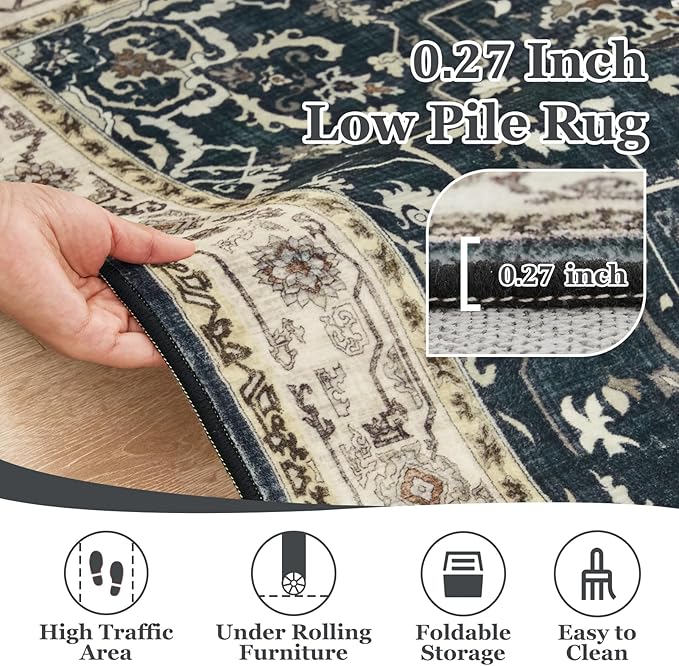 Distressed Vintage 5x7 Area Rugs for Living Room Bedroom Non Slip Washable, Medallion Pattern Printed Low Pile Farmhouse Carpet Rugs for Dining Room/Kitchen/Home Office, Midnight/Multi