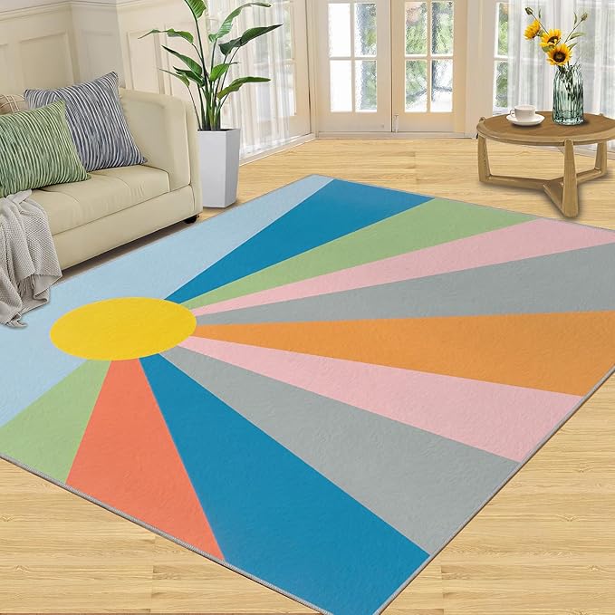 Boho Sun Area Rugs 6x9ft, Abstraction Deco Fluffie Rugs for Living Room, Minimalist Sunburst Nursery Rug with Under Rug Non Slip Tape for Bedroom Kids Room