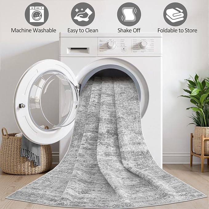 Grey Rug 8x10 Area Rugs: Washable Boho Large Vintage Neutral Soft Rug Stain Resistant Farmhouse Non-Slip Indoor Floor Carpet for Living Room Bedroom Playroom Office Dining Room Apartment Dorm
