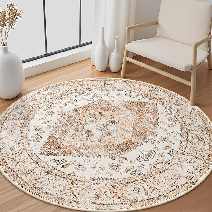 Lahome Boho Round Rug - 3Ft Washable Area Rug, Non-Slip Small Bathroom Rug, Lightweight Bedroom Throw, Oriental Distressed Print Carpet for Entryway, Sofa, Nursery, Kids Room