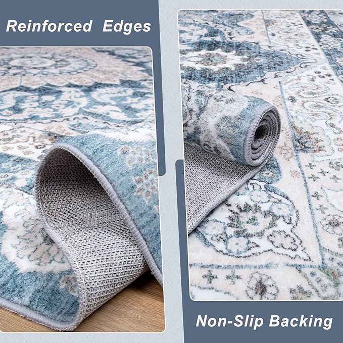 4x6 Area Rug for Bedroom, Machine Washable Rugs with Non-Slip Backing for Living Room, Soft Vintage Carpet Kitchen Laundry Kids Room Decor, Blue & Beige