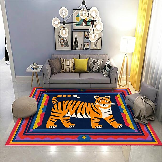 Cartoon Tiger Area Rug, 4x6ft,Tiger Theme Decorative Rug Suitable for Living Room Sofa Area, Modern Abstract Non-Slip Washable Tiger Pattern Rug Suitable for Bedroom Children's Room Decoration