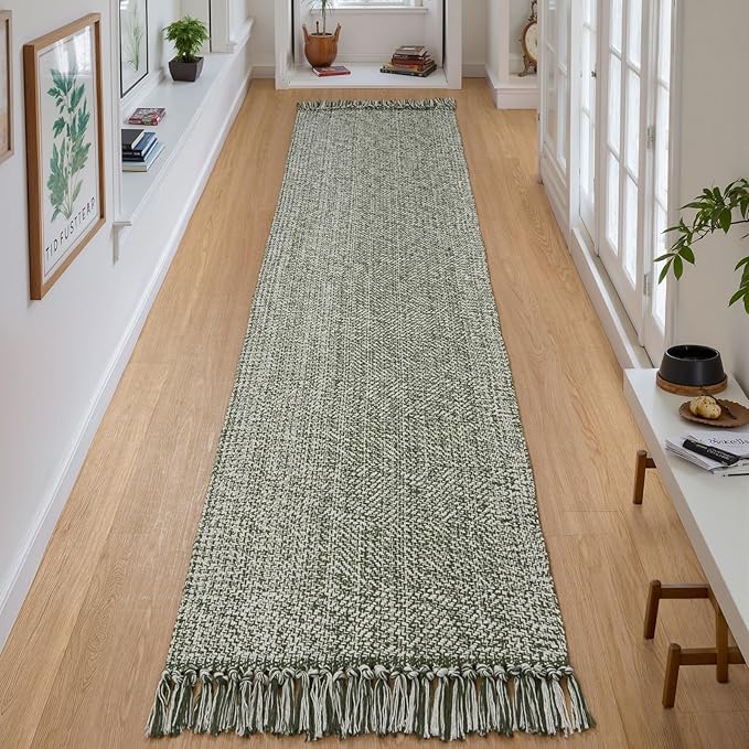 Collive Long Carpet Runners for Hallway 2x8ft, Washable Low Profile Front Entryway Rug Cotton Hand-Woven Kitchen Rug Runner, Olive Green/Cream Farmhouse Bedroom Rug for Laundry Room Entrance