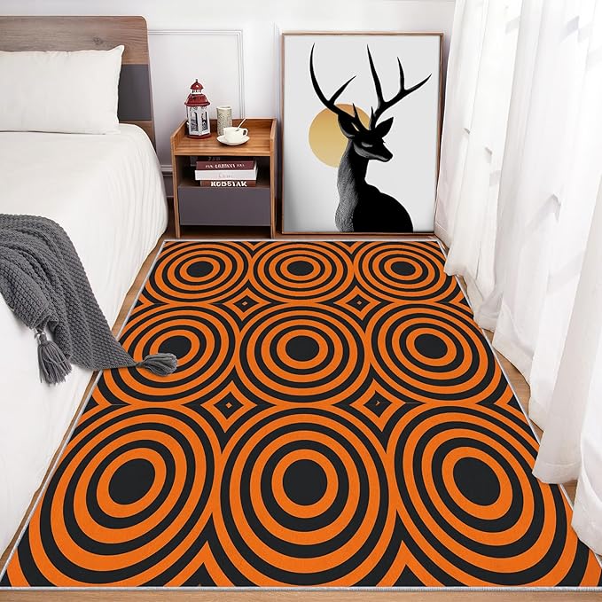 4x5 Geometric Circle Rugs for Bedroom Decor, Washable Retro 60s 70s Geometry Pattern Area Rug, Living Room Home Decoration, Non Slip Soft Thin, Black Orange Decor Carpet PF-P 49
