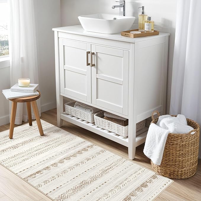 2X4 Rug Washable Area Rug: Small Soft Boho Farmhouse Neutral Moroccan Non Slip Indoor Low Pile Accent Floor Throw Carpet for Bedroom Bathroom Entryway Kitchen Hallway Closet Home Door - Brown