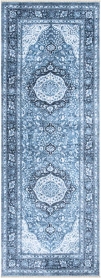 Bloom Rugs Caria Washable Non-Slip 12 ft Runner - Blue Traditional Runner for Entryway, Hallway, Bathroom, and Kitchen - Exact Size: 2'6" x 12'