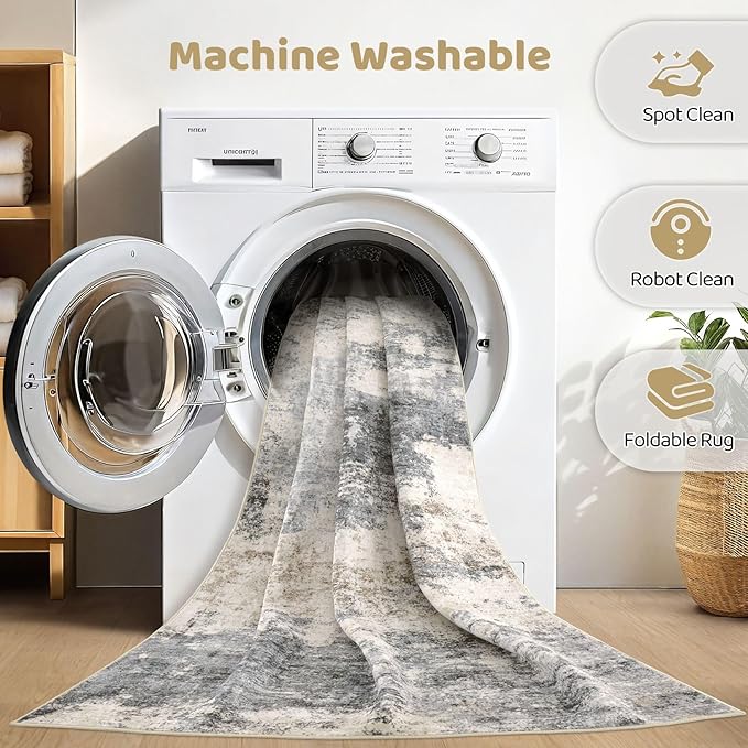 Area Rug Living Room Rugs: 5x7 Washable Large Abstract Modern Soft Stain Resistant Indoor Floor Non Slip Accent Carpet for Bedroom Nursery Playroom Dining Room Office Dorm Home House- Grey Brown