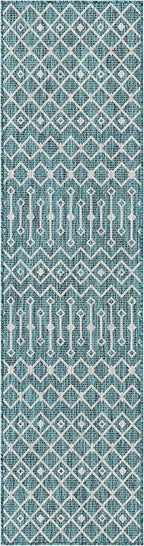Unique Loom Outdoor Trellis Collection Area Rug - Tribal Trellis (2' x 8' Runner, Teal/ Ivory)