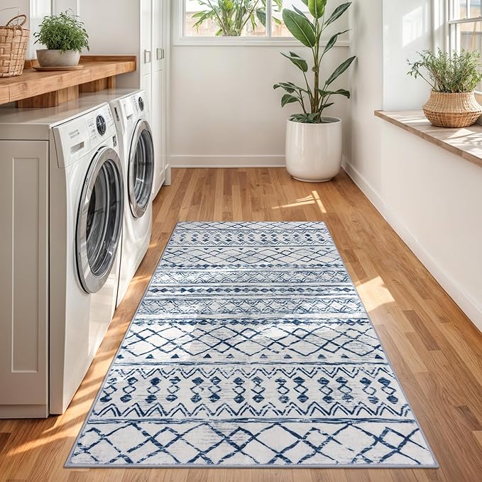 KUTA Vintage Boho Washable Rugs 3x5, Moroccan Non Slip Entryway Rug, Blue White Ultra Soft Print Distressed Geometric Low-Pile Area Rug for Living Room Bedroom Nursery Dorm Decor