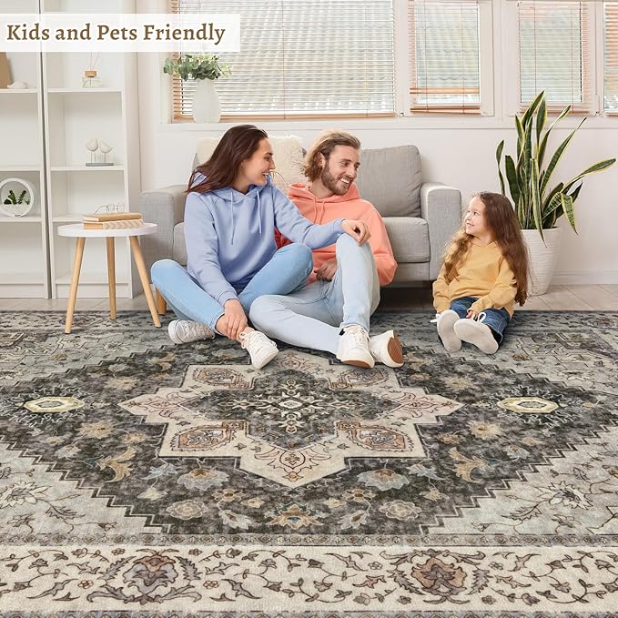 Tangsoo 5x7 Area Rug Washable Rug for Living Room, Vintage Indoor Non Slip Large Area Rugs, Print Distressed Grey Carpet, Soft Low Pile Foldable Floor Rug for Bedroom Dining Room Dorm
